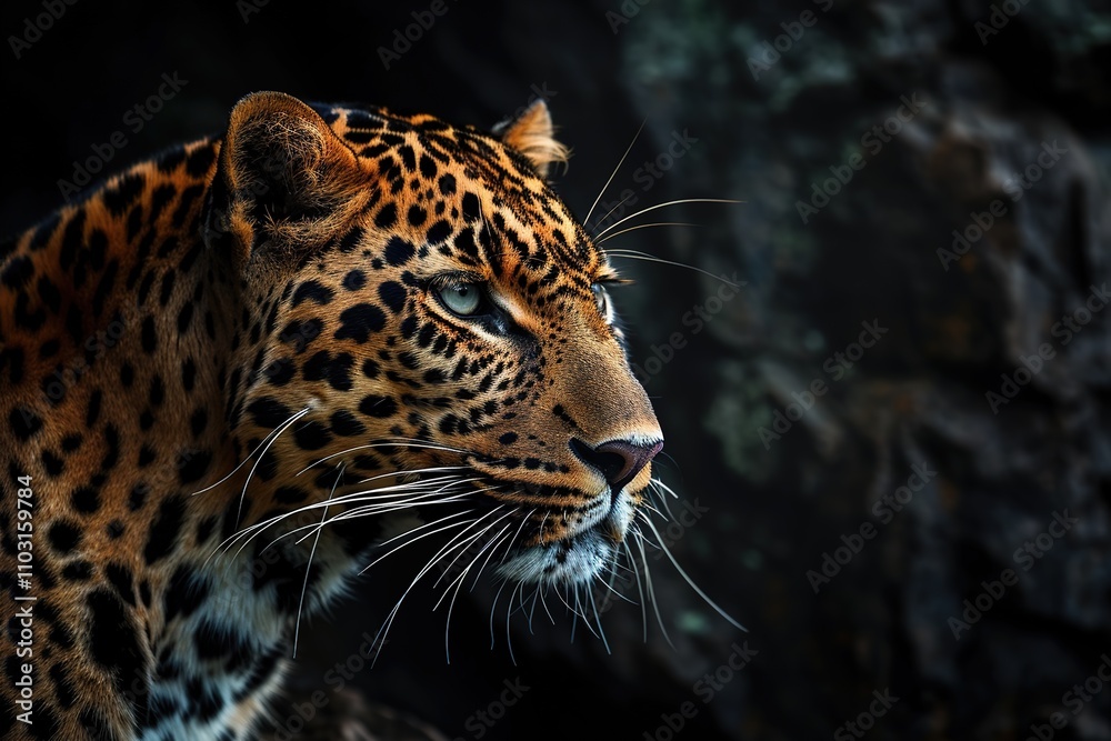 Obraz premium close-up head leopard profile view on dark background