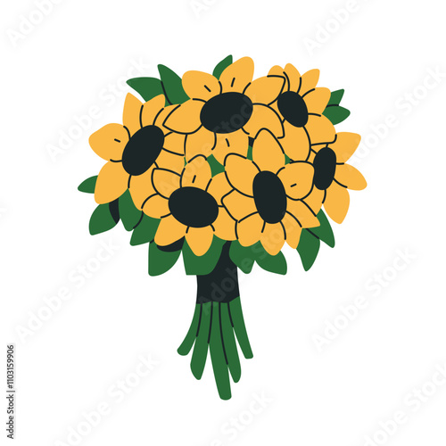 Sunflower bouquet, blooming summer floral bunch. Sun flower bundle, multiple buds, leaf and cut stems. Field blossoms, natural gift, decor. Flat vector illustration isolated on white background