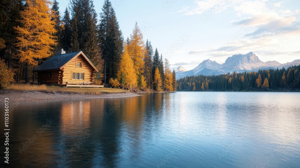 Rustic log cabin nestled by a crystalclear lake, surrounded by tall pines and autumn leaves cabin on lake, autumn beauty Rustic log cabin nestled by a crystalclear lake, surrounded by tall pines and autumn leaves cabin on lake, autumn beauty
