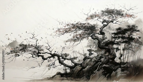 Japan sumi e style scattered water color art work on white background 