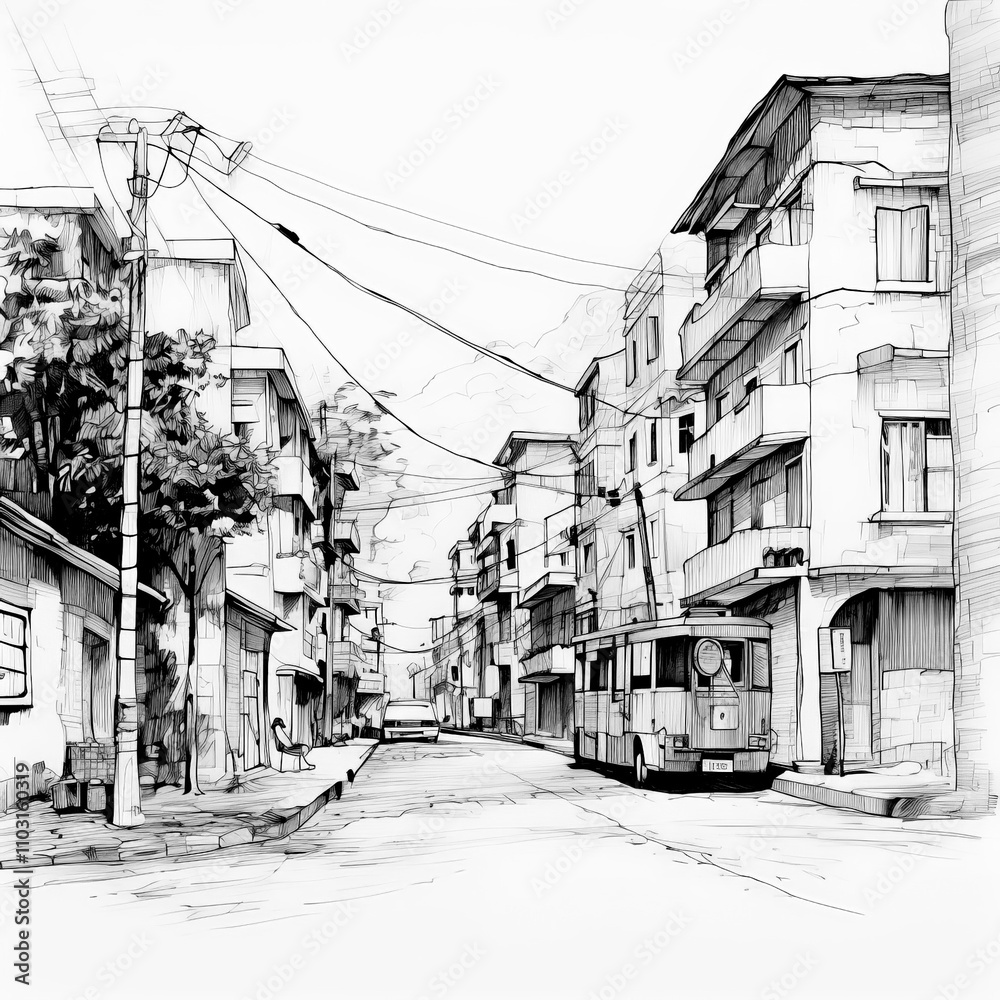 Street with houses sketch png on transparent white background. Street landscape in ink, pen, marker, feather. Street with houses sketch png on transparent white background. Street landscape in ink, pen, marker, feather.
