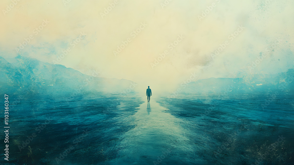 A solitary figure stands in a misty, vast landscape, blending pastel hues with quiet serenity, evoking reflection and calmness.. A solitary figure stands in a misty, vast landscape, blending pastel hues with quiet serenity, evoking reflection and calmness..