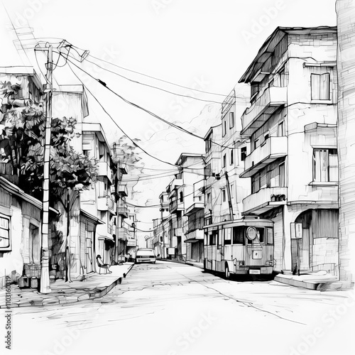 Street with houses sketch png on transparent white background. Street landscape in ink, pen, marker, feather.