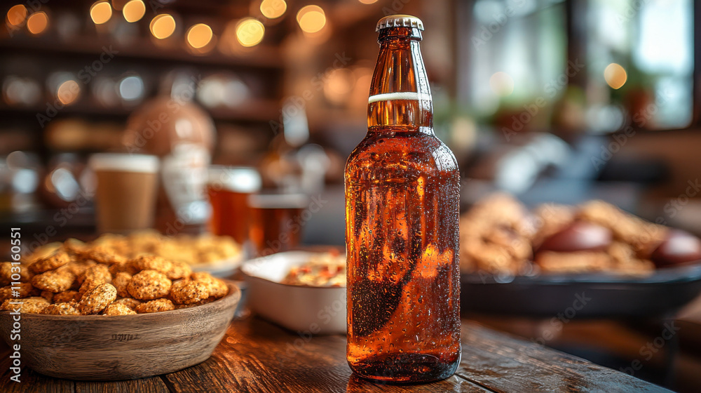 Chilled beer bottle on rustic wooden table with snacks in cozy bar setting