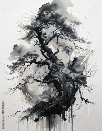 Japan sumi e style scattered water color art work on white background 
