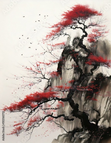 Japan sumi e style scattered water color art work on white background 