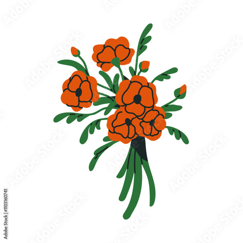 Poppy flower bouquet. Blooming floral bunch. Gentle summer blossoms with buds...