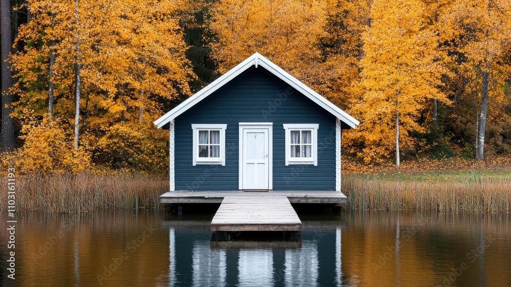 Small cabin on the edge of a lake with a wooden pier, surrounded by golden autumn leaves lake cabin, autumn reflections Small cabin on the edge of a lake with a wooden pier, surrounded by golden autumn leaves lake cabin, autumn reflections