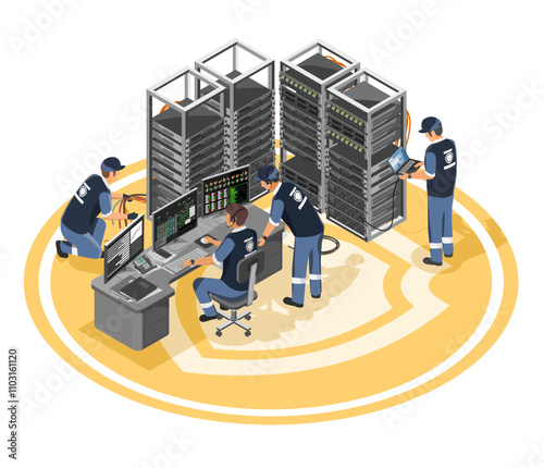 cyber security engineer and it support setup electric system in server room isometric isolated industrial concept illustration on white background