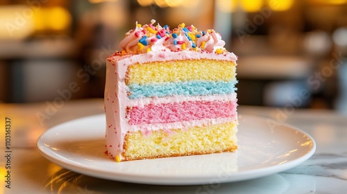 Colorful layered cake slice with pink frosting and sprinkles on white plate. photo