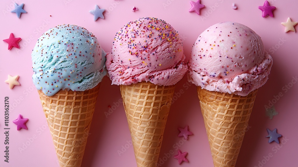 Three colorful ice cream cones with sprinkles on a pink background. Three colorful ice cream cones with sprinkles on a pink background.