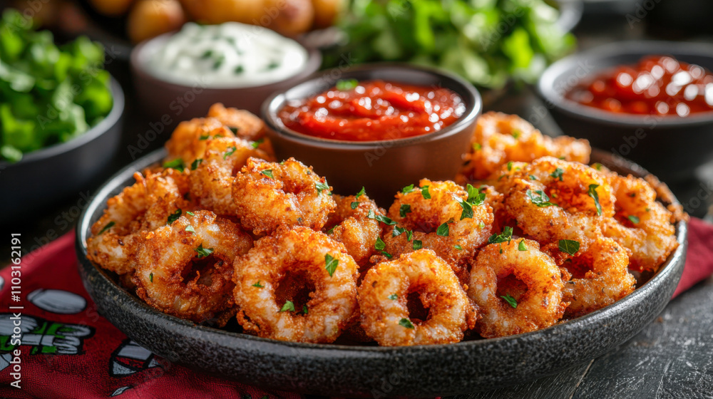 Crispy fried calamari with dipping sauces on rustic dark table setting