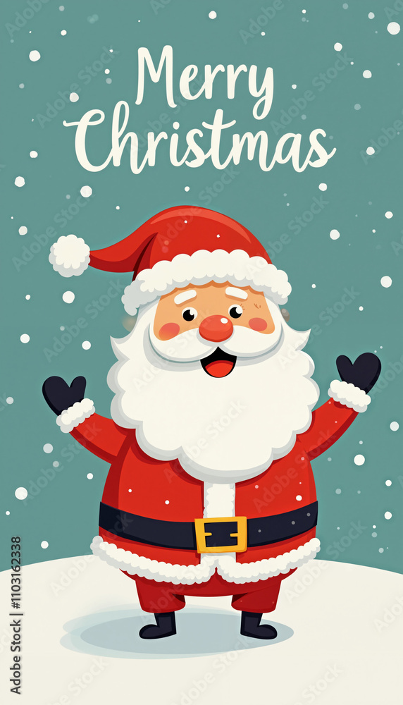 A cartoon illustration of Santa Claus standing in the snow, with falling snowflakes and a green background. He is wearing his traditional red suit with white fur trim, black boots, and a black belt. A cartoon illustration of Santa Claus standing in the snow, with falling snowflakes and a green background. He is wearing his traditional red suit with white fur trim, black boots, and a black belt.