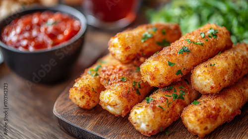 Crispy mozzarella sticks with marinara sauce garnished with fresh parsley on wooden board
