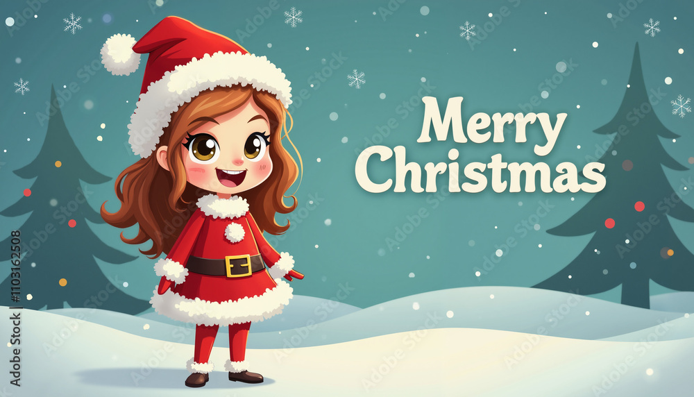 A cartoon illustration of a young girl wearing a Santa Claus outfit, standing in a snowy landscape with Christmas trees. She is smiling happily and the words A cartoon illustration of a young girl wearing a Santa Claus outfit, standing in a snowy landscape with Christmas trees. She is smiling happily and the words