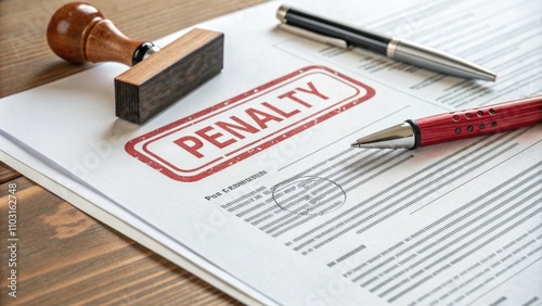 Legal documents featuring a penalty notice and office supplies photo