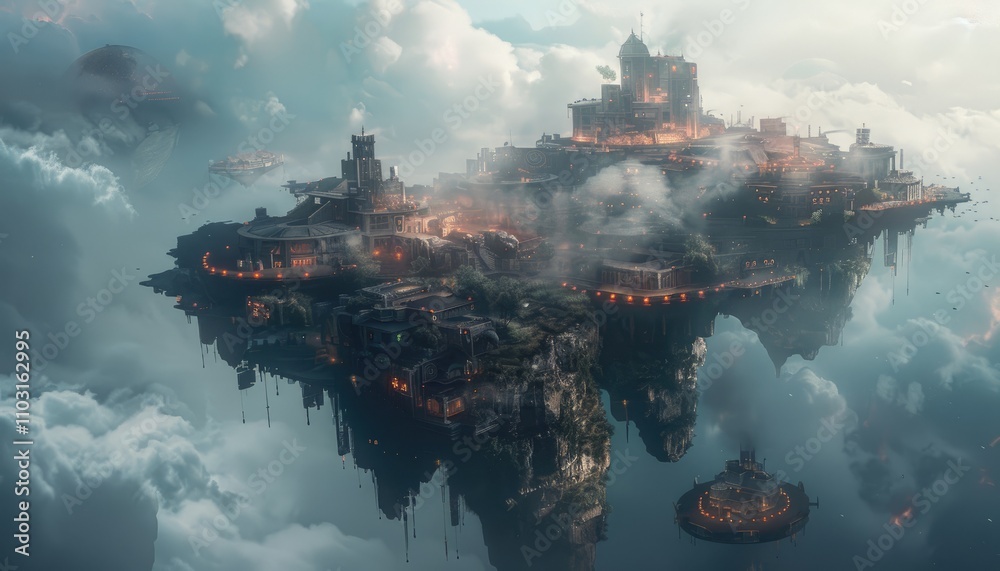 A Futuristic City Built on a Floating Island Reflected in a Misty Sky