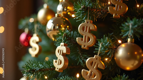 Christmas tree toys in the form of dollars. Gold dollars hang on the Christmas tree. Christmas tree with money.