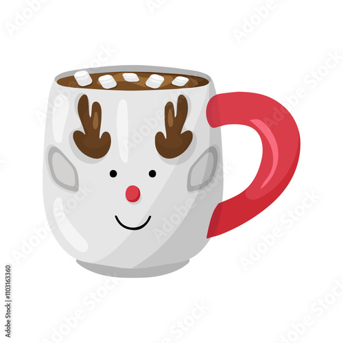 Hot chocolate with marshmallows in cute ceramic cup. Hot winter drink on white background. Vector illustration of sweet cocoa in  flat style