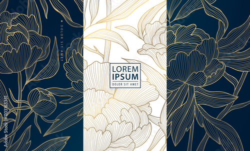Vector set of peony flower golden art deco patterns, floral line package labels. Perfume, beauty products, jewelry package, wedding invitations, asian style nature illustrations