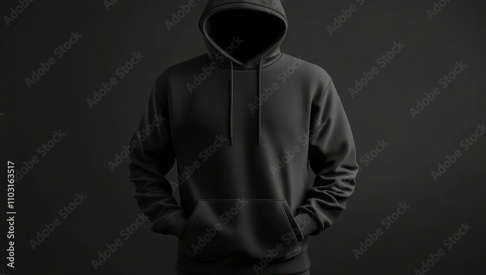 Black hooded sweatshirt with drawstrings, front view, isolated on black background. Black hooded sweatshirt with drawstrings, front view, isolated on black background.