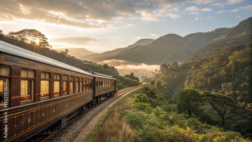 Scenic train journey through mountainous landscape at sunrise Scenic train journey through mountainous landscape at sunrise