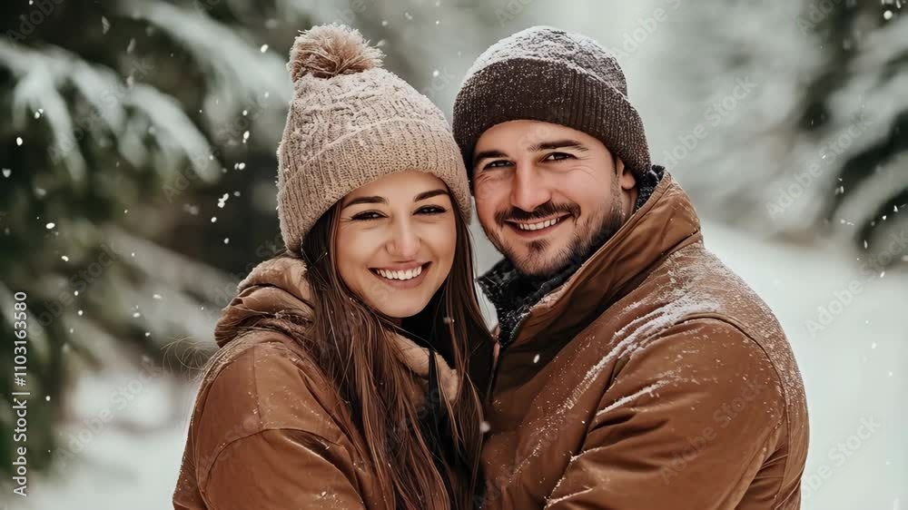 happy couple in winter forest in brown clothes happy couple in winter forest in brown clothes