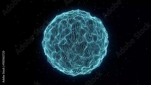 Science and technology. A distorted energy blue sphere made of radial waves and particles. Abstraction