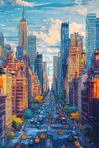 Bright and colorful illustrated cityscape with skyscrapers.