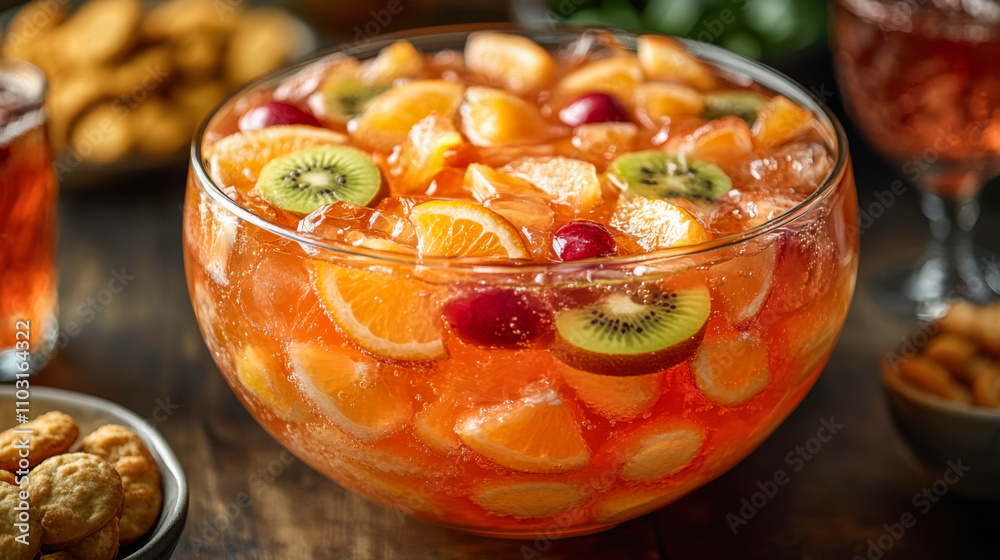 Fresh fruit punch with citrus, kiwi, and grapes in a bowl Fresh fruit punch with citrus, kiwi, and grapes in a bowl