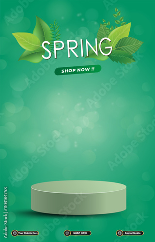 spring sale discount portait template banner with blank space 3d podium for social media post product sale with abstract gradient green background design56