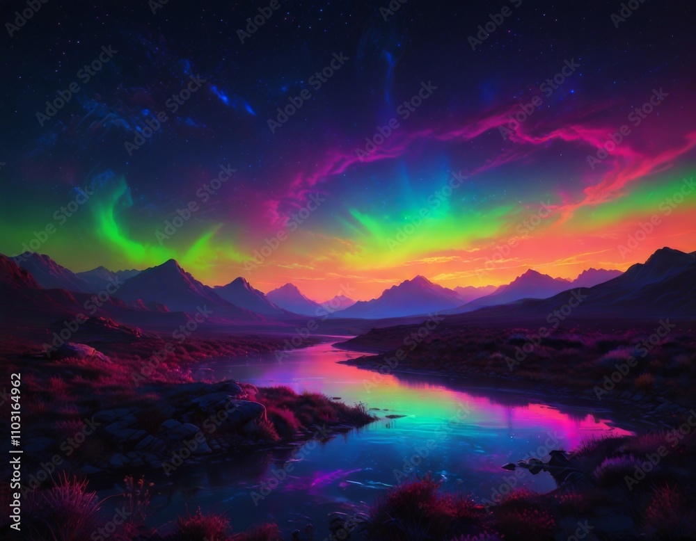 Fototapeta premium cosmic landscape in neon colors and northern lights in space