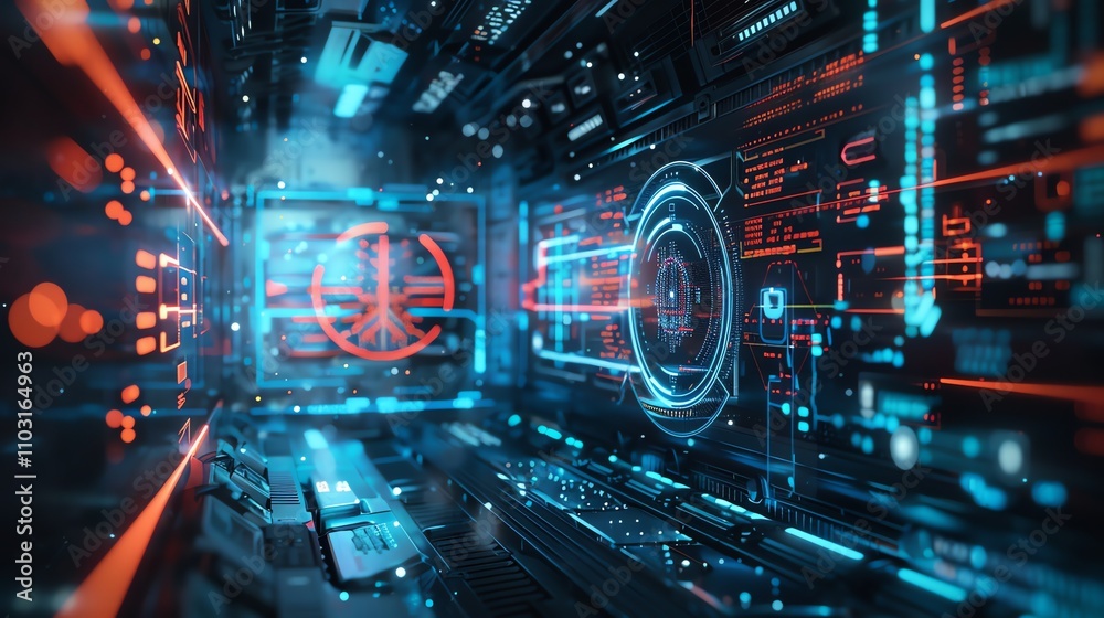 A futuristic tech control room with glowing blue and red interfaces. A futuristic tech control room with glowing blue and red interfaces.