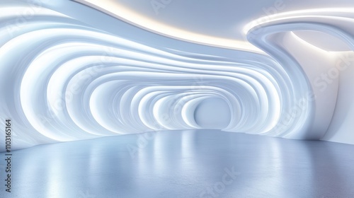 An intricate white layered archway featuring soft ambient lighting creates a surreal, fluid corridor, providing an inviting, elegant, and futuristic aesthetic atmosphere. photo