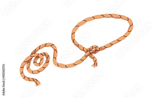 Lasso, strong rope loop for catching. Thick braided hemp cord, sturdy twine, binding accessory with knot tied. Farming supply, tool. Flat graphic vector illustration isolated on white background
