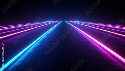 Abstract neon glowing lines on dark textured background.