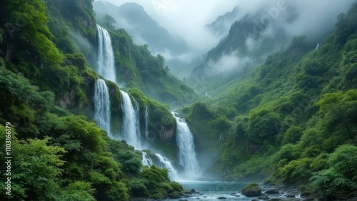 Majestic waterfalls cascade down lush mountains.