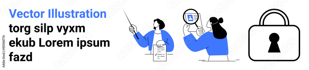 Two professionals in blue, one holding a pointer at a chart, the other examining a document with a magnifying glass, accompanied by a padlock icon symbolizing security. Ideal for data analysis Two professionals in blue, one holding a pointer at a chart, the other examining a document with a magnifying glass, accompanied by a padlock icon symbolizing security. Ideal for data analysis