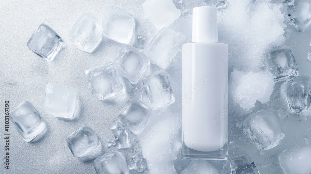 White skin care bottle with ice cubes on white background,Ice sealed skincare product,lotion,toner, skin care,Natural cosmetic products for protecting and nourishing skin of face,copy space.