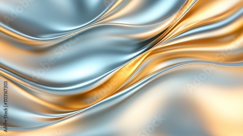 An abstract representation of smooth, metallic silver waves highlighted with gold accents, conveying a sense of calm and fluid motion through its silky textures. photo