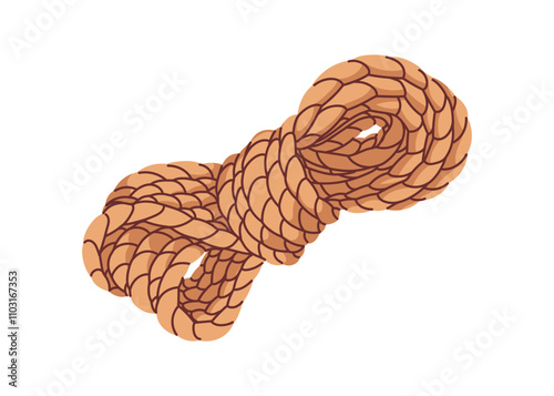 Coiled lasso. Strong thick braided cord, tied rope. Natural jute and hemp string, sturdy soft twine accessory, tool, gear, cordage. Flat cartoon vector illustration isolated on white background
