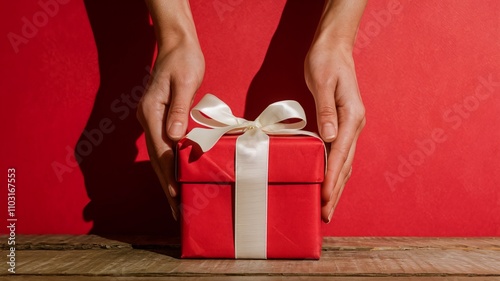 A photo of a pair of hands gently holding a red gift box with a white ribbon against a vibrant red background. The gift box is wrapped with red paper and ai generated