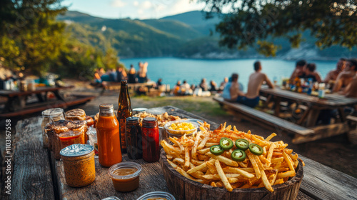 Outdoor picnic with fries and drinks by a scenic lake during summer afternoon