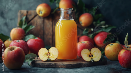 Freshly pressed apple juice in glass bottle surrounded by apples