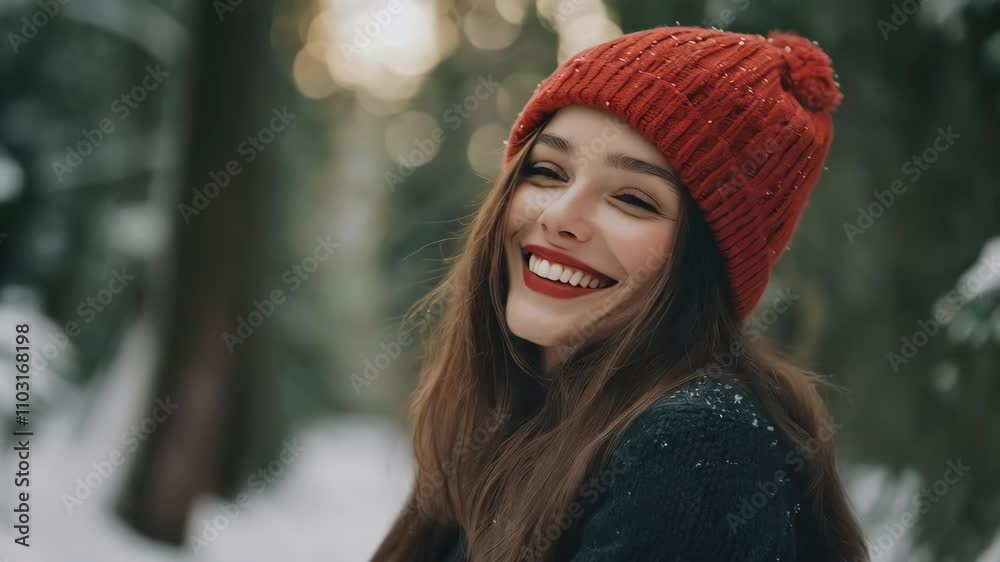 happy woman in hat and jacket in winter park on background happy woman in hat and jacket in winter park on background