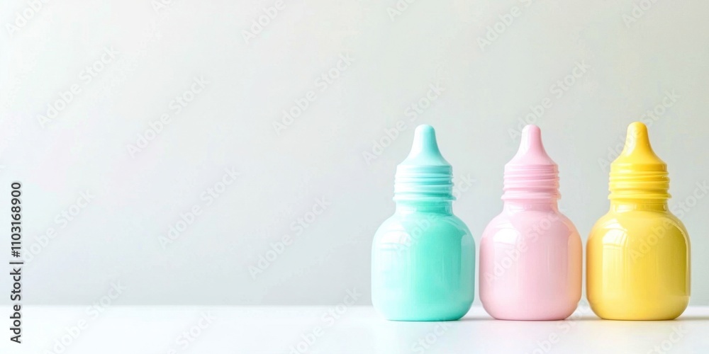 Three bottles of paint are on a table Three bottles of paint are on a table