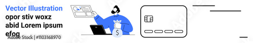 Person with headset analyzing data on a laptop, handling finances indicated by currency bag. Credit card icon. Ideal for finance, banking, online transactions, business management, financial