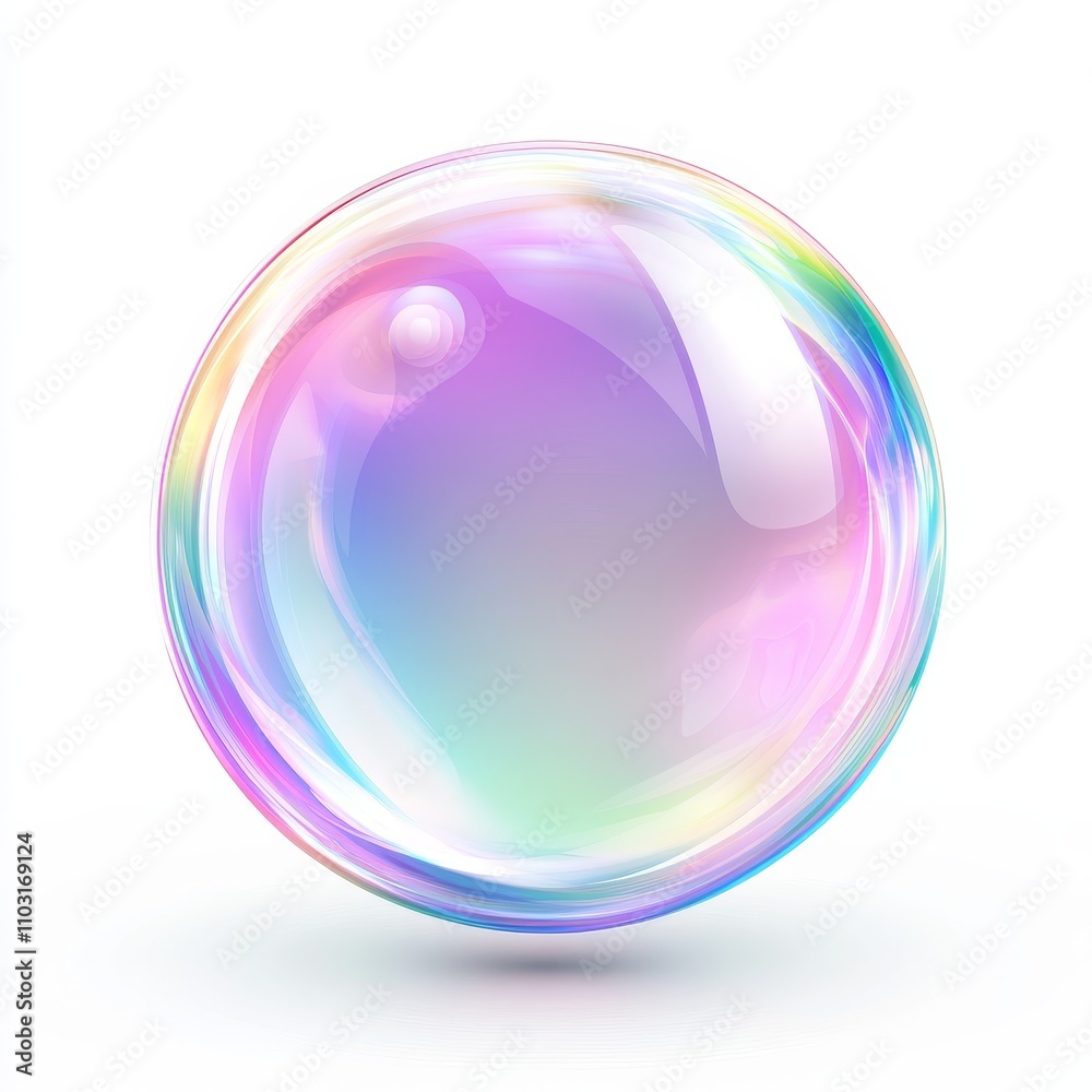 Obraz premium A single, iridescent soap bubble against a white background with a soft shadow.