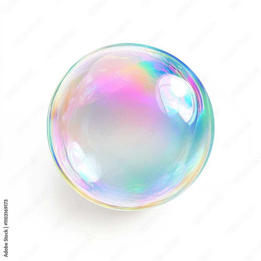 A single iridescent soap bubble with rainbow reflections isolated on a white background. A single iridescent soap bubble with rainbow reflections isolated on a white background.