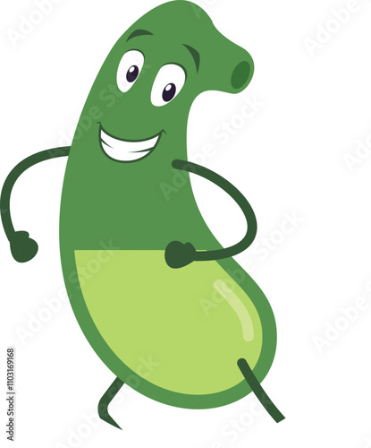 A cartoon character with a green body and a yellow belly is walking